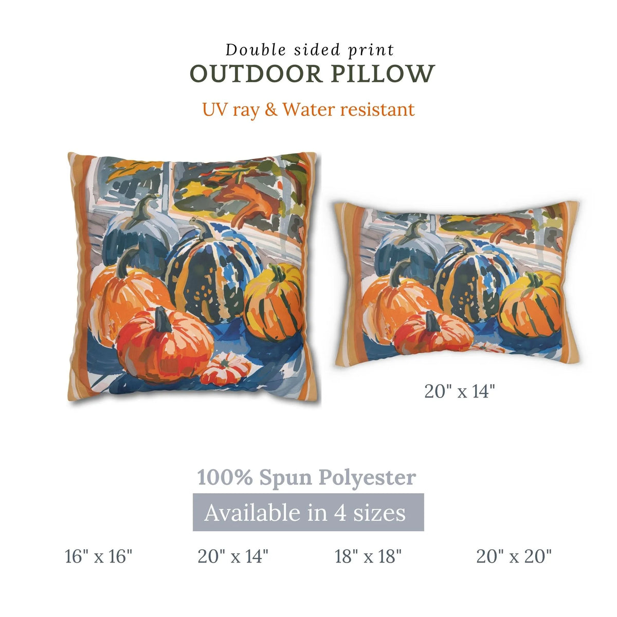 Watercolor Pumpkin OUTDOOR PILLOW | AUTUMN26PLW21 with double-sided print, featuring colorful pumpkins; UV ray and water resistant.