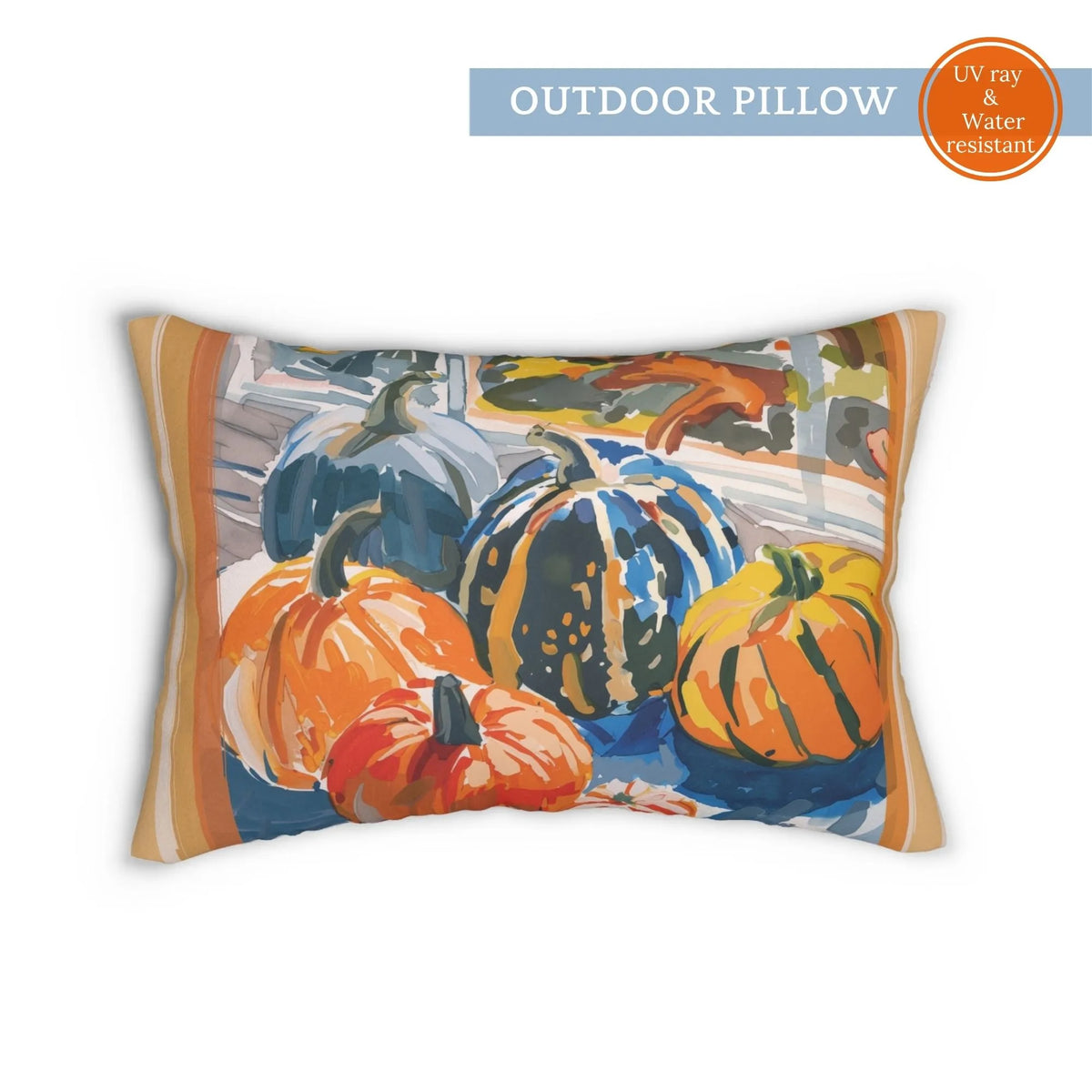 Watercolor Pumpkin OUTDOOR PILLOW | AUTUMN26PLW21 featuring colorful pumpkins for autumn outdoor decor.