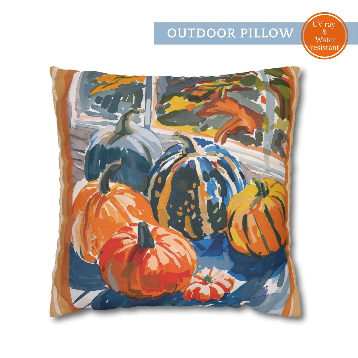 Watercolor Pumpkin OUTDOOR PILLOW | AUTUMN26PLW21 featuring colorful pumpkins, ideal for autumn decor and outdoor use.