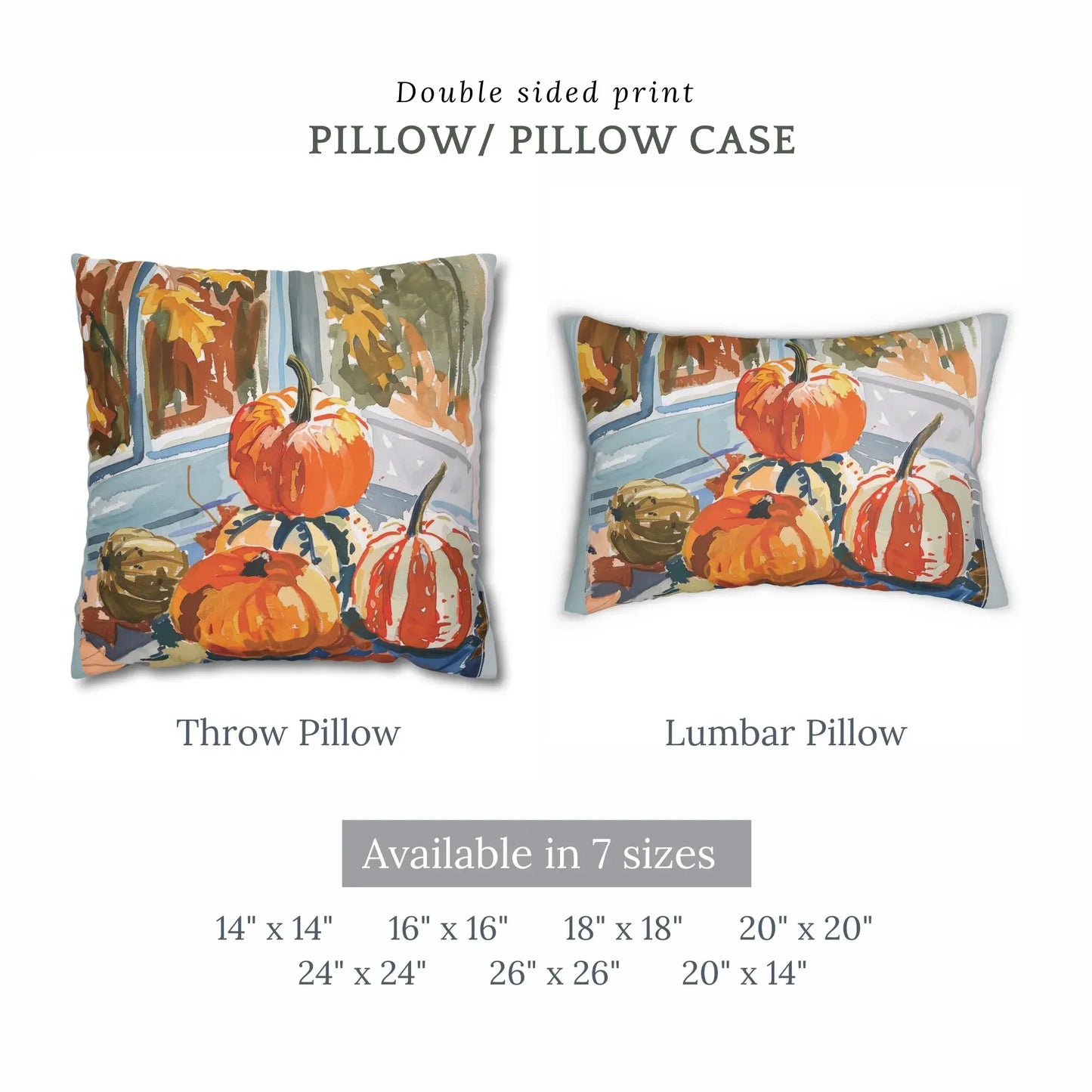 Watercolor pumpkins fall pillow cover showcasing vibrant autumn colors and double-sided print in various sizes.