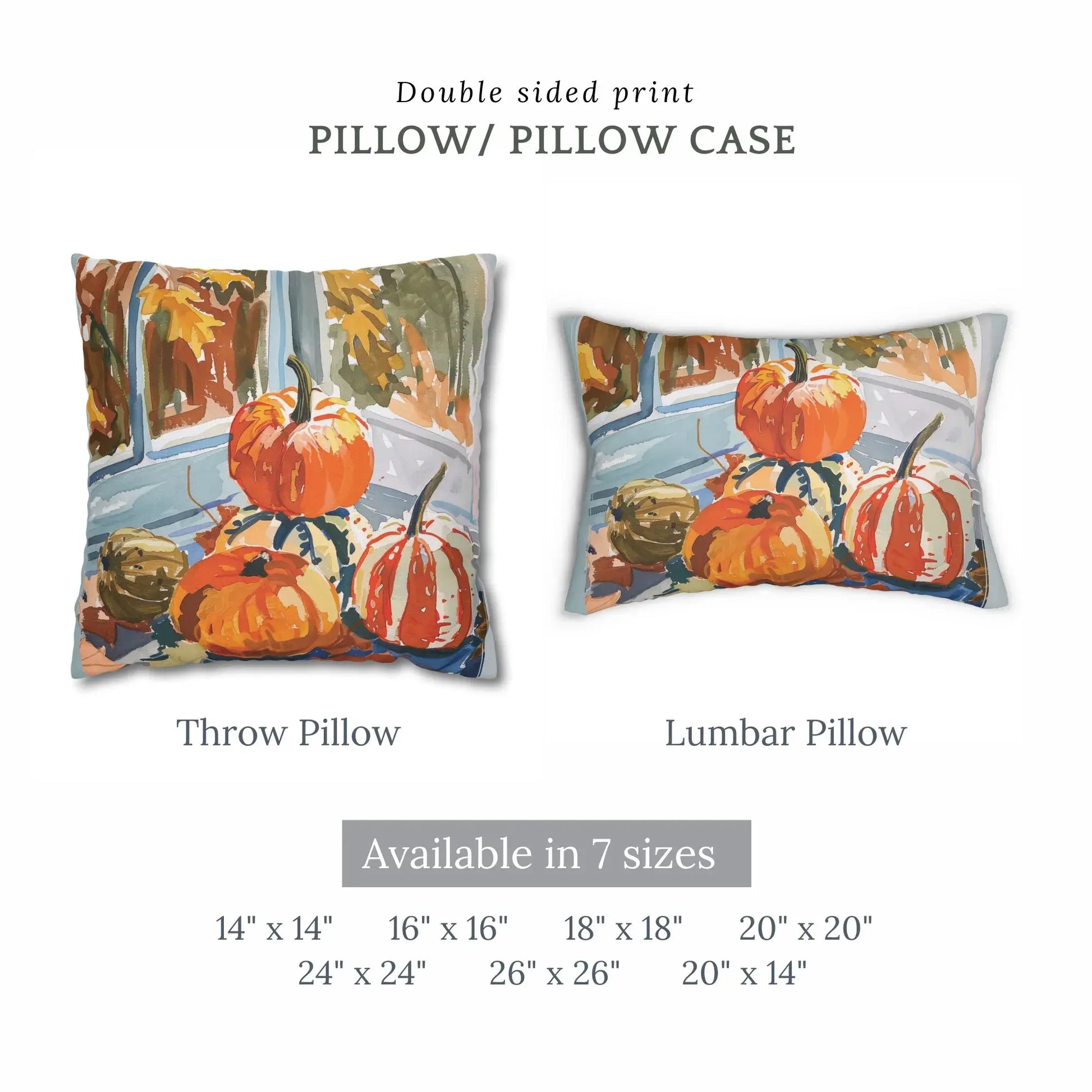 Watercolor pumpkins fall pillow cover showcasing vibrant autumn colors and double-sided print in various sizes.