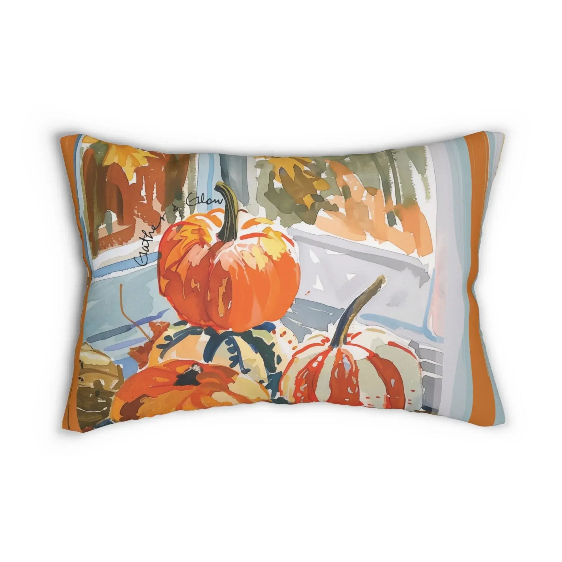 Watercolor pumpkins fall pillow cover featuring vibrant illustrations of pumpkins by the window in autumn colors.
