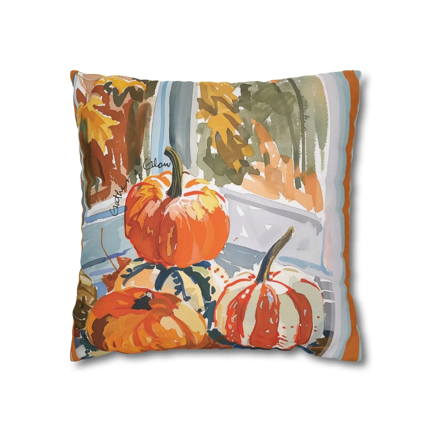 Watercolor pumpkins fall pillow cover showcasing vibrant pumpkins by a window with autumn colors.