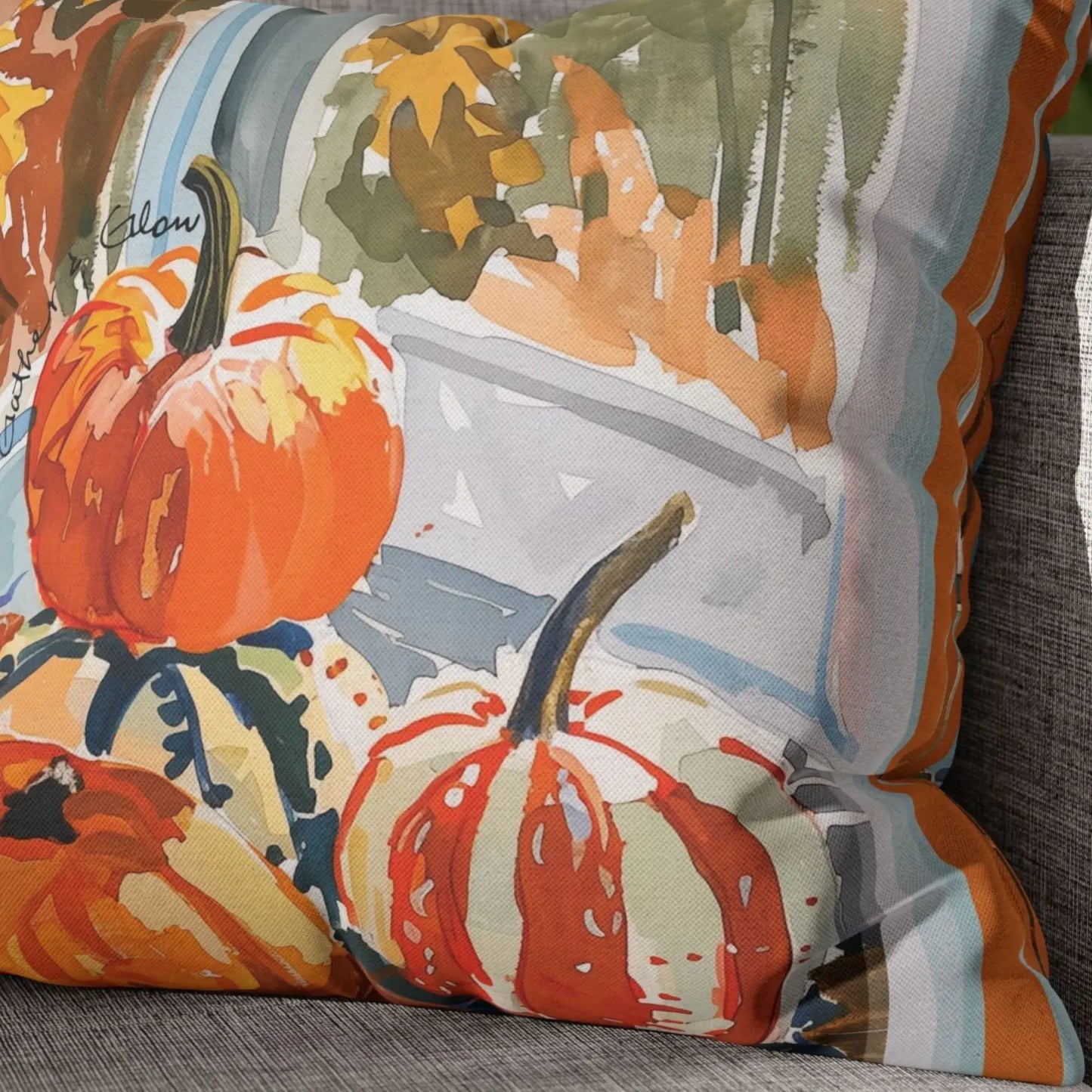 Watercolor pumpkins fall pillow cover featuring vibrant pumpkins in autumn colors on a cozy sofa.