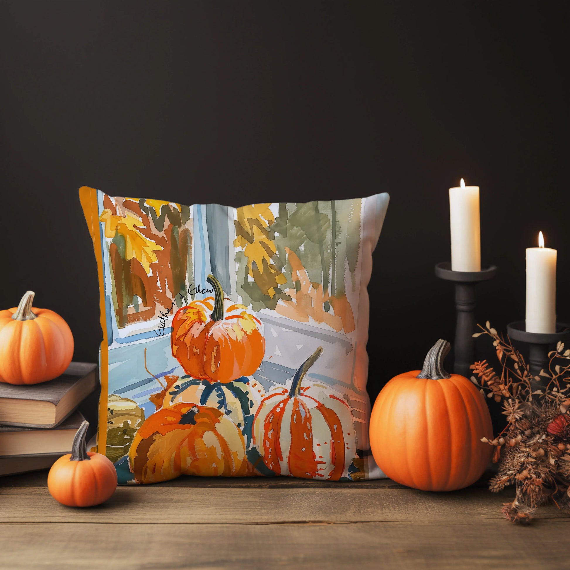 Watercolor pumpkins fall pillow cover showcasing vibrant autumn colors and pumpkin illustrations by a window.