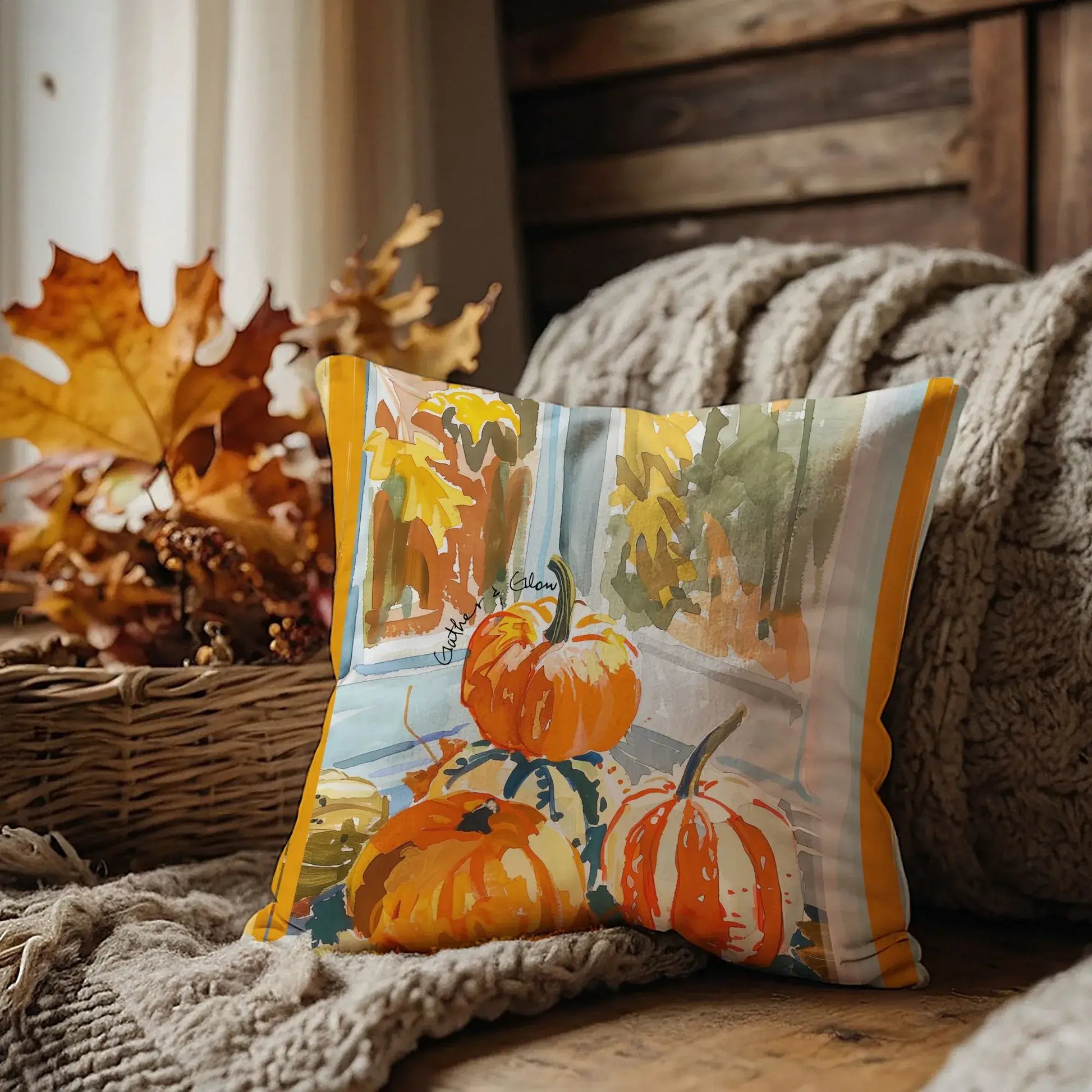 Watercolor pumpkins fall pillow cover featuring vibrant pumpkins by the window in autumn colors.