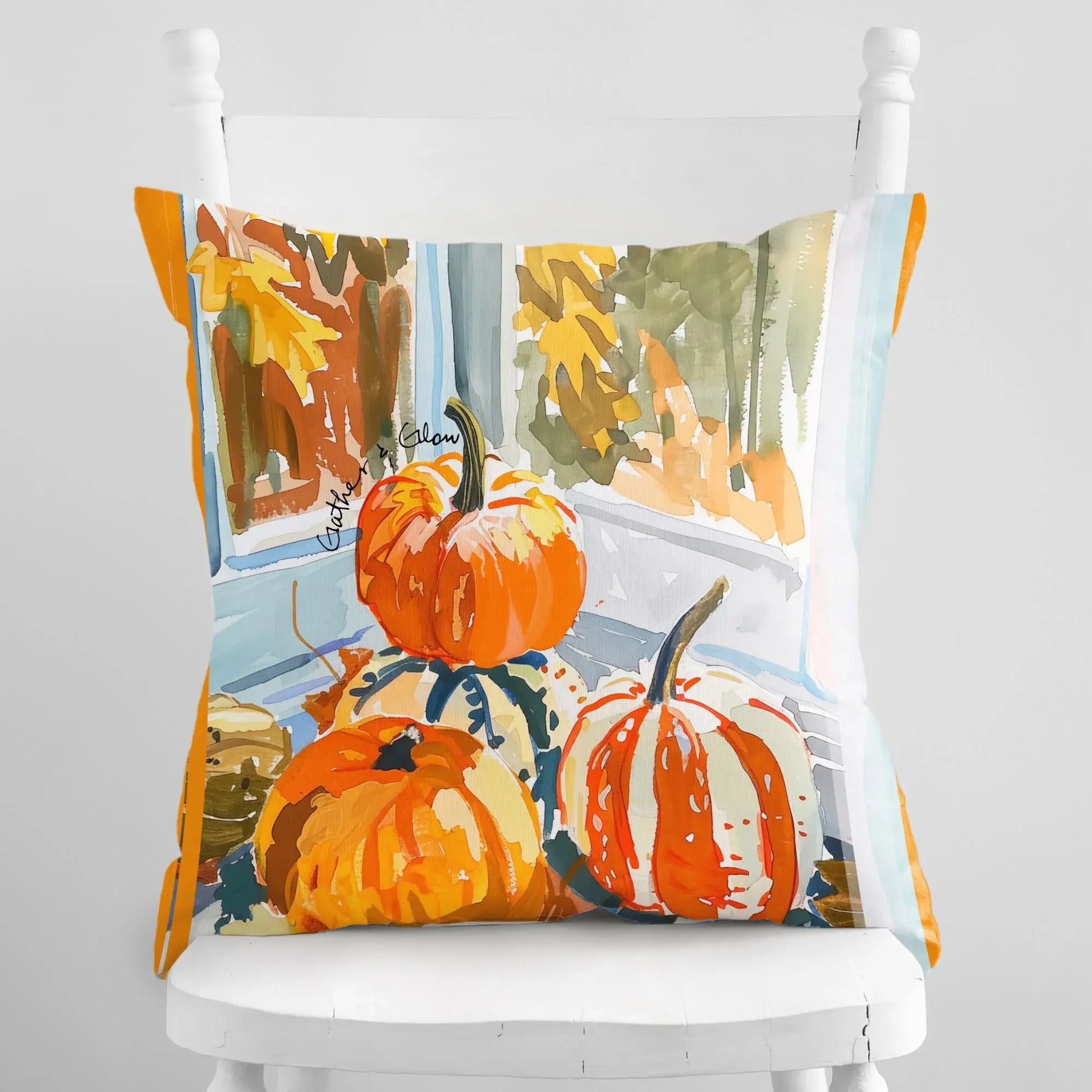 Watercolor pumpkins fall pillow cover featuring vibrant pumpkins by a window, perfect for autumn decor.