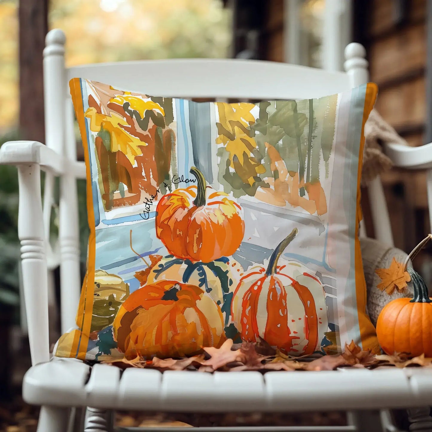 Watercolor pumpkins fall pillow cover featuring vibrant pumpkins by the window, adding a cozy autumn touch to home decor.