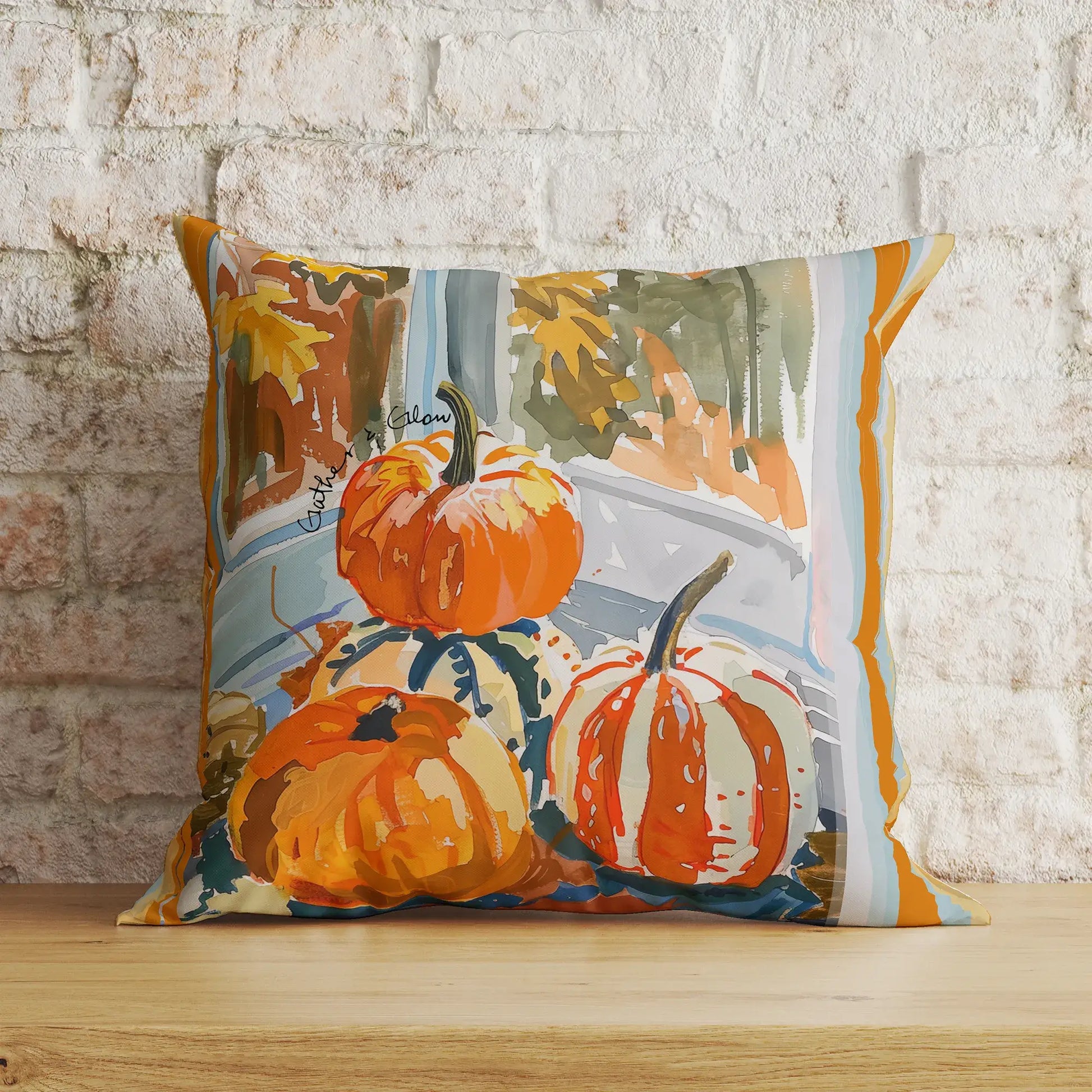 Watercolor pumpkins fall pillow cover with vibrant illustration of harvest pumpkins by window, perfect for autumn decor.