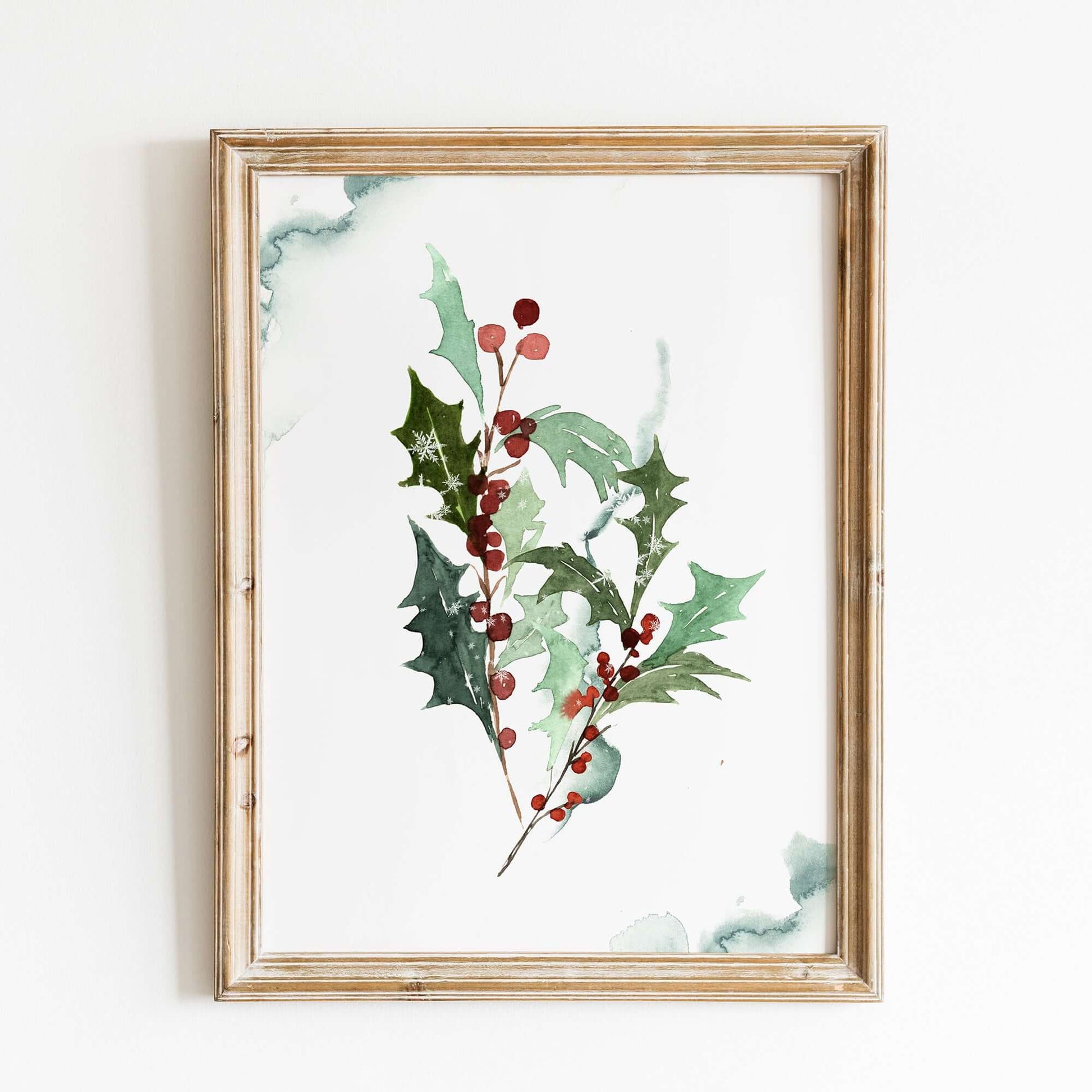 Watercolor Red Holly Berry Art Print from Blue Water Songs, elegantly framed in a natural wood frame. 