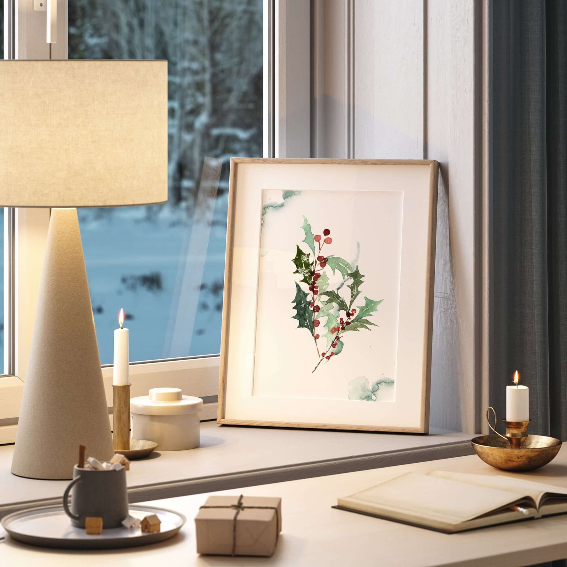 christmas window with Watercolor Red Holly Berry Art Print from Blue Water Songs and minimal lamp