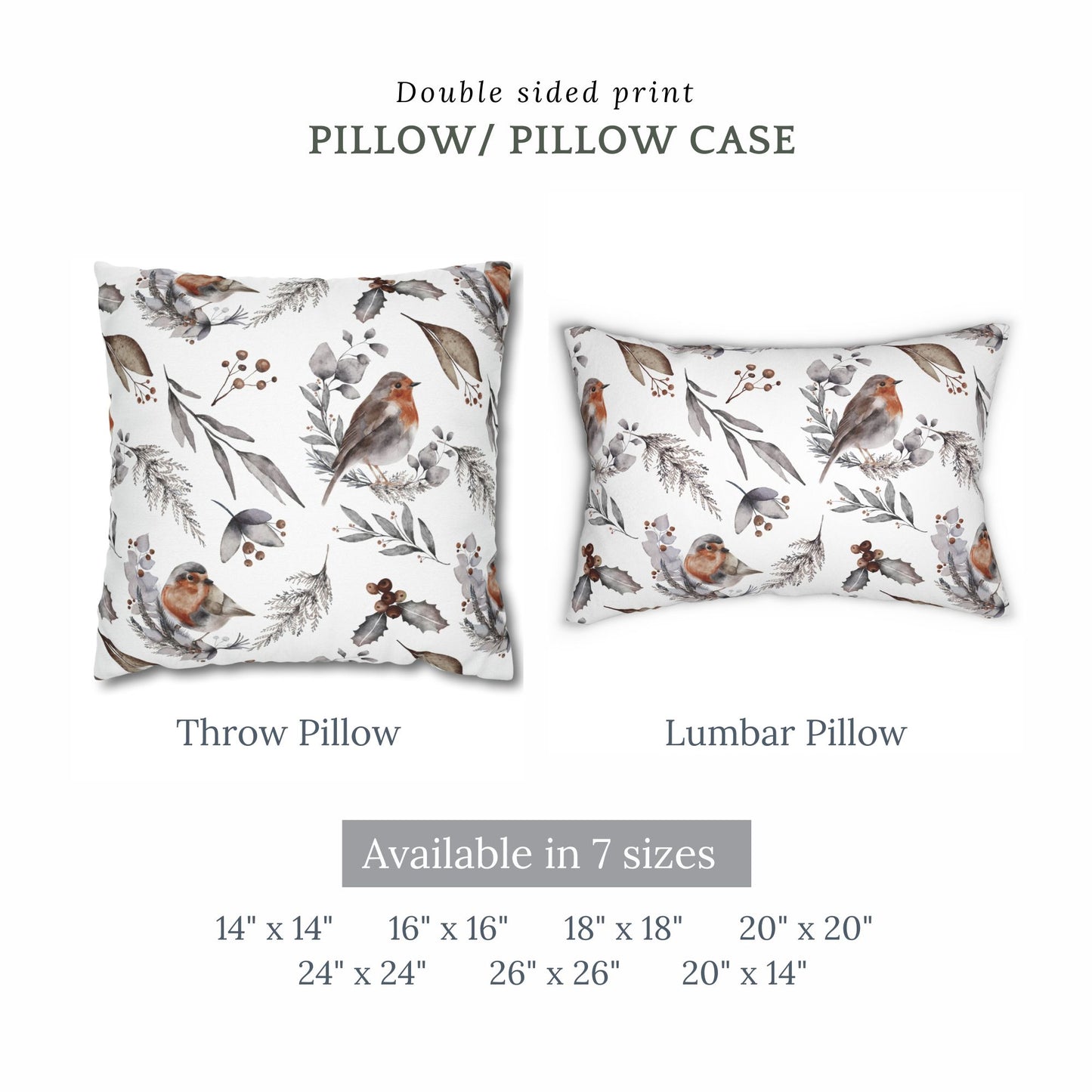 Watercolor robin pillow in throw and lumbar styles – double-sided winter cushion available in 7 sizes