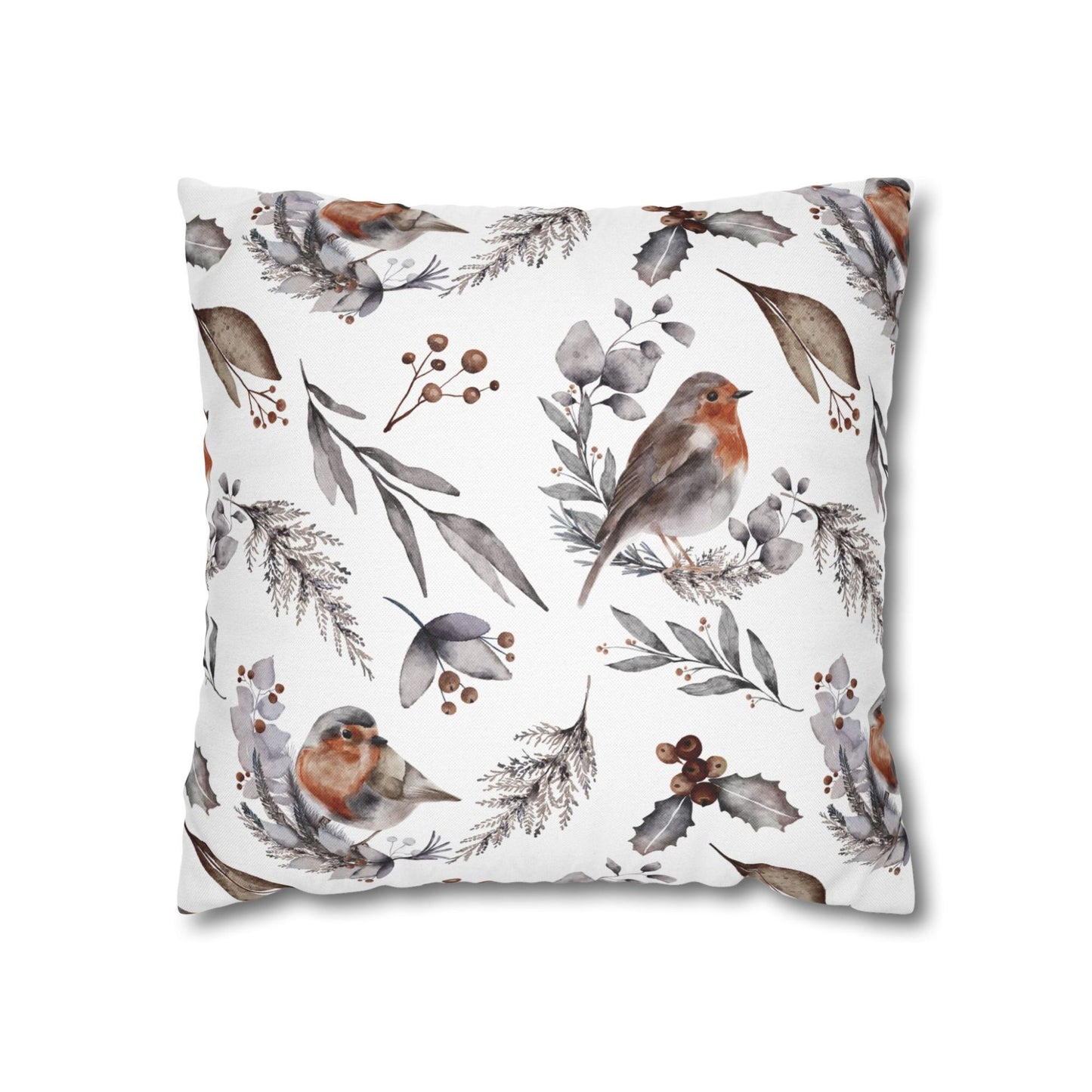 Winter throw pillow with watercolor robin, berries, and leaves – double-sided seasonal cushion for cozy decor