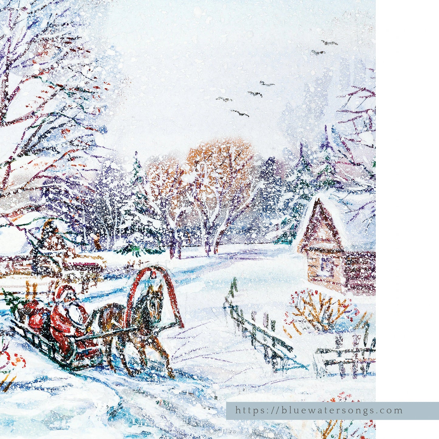 close up of Watercolor Santa Claus in Winter Village - digital download from Blue Water Songs