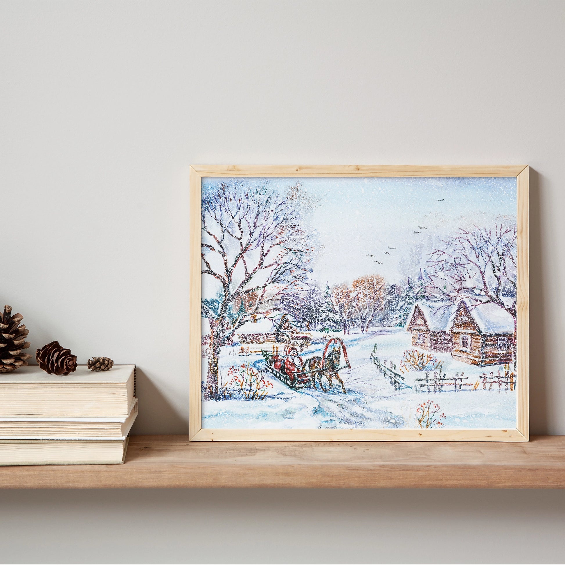 christmas bookshelf decor with Watercolor Santa Claus in Winter Village -  art print from Blue Water Songs