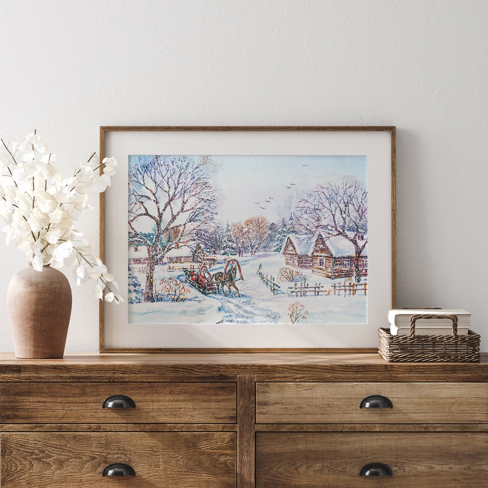 modern farmhouse cabinet with Watercolor Santa Claus in Winter Village poster on it