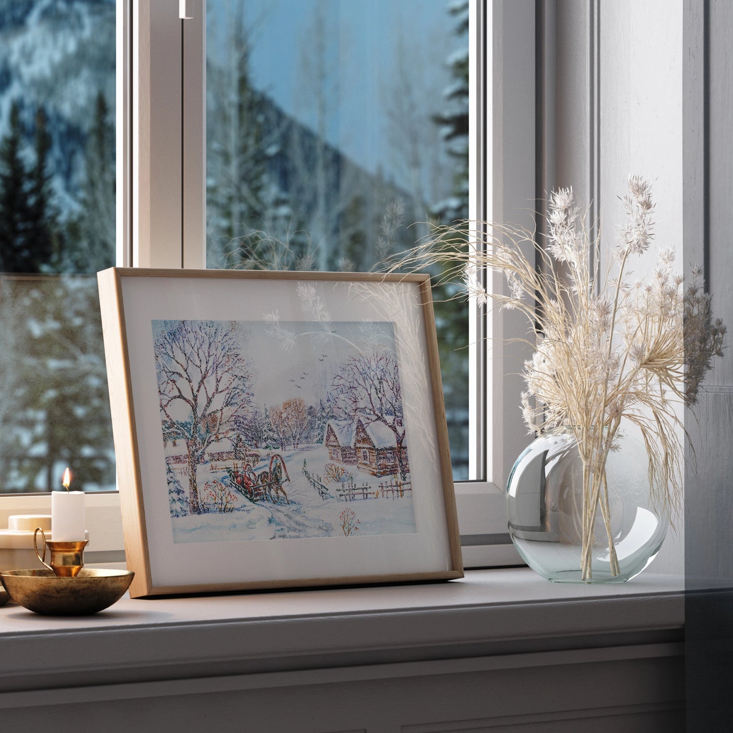 christmas window candle next to Watercolor Santa Claus in Winter Village - framed poster from Blue Water Songs