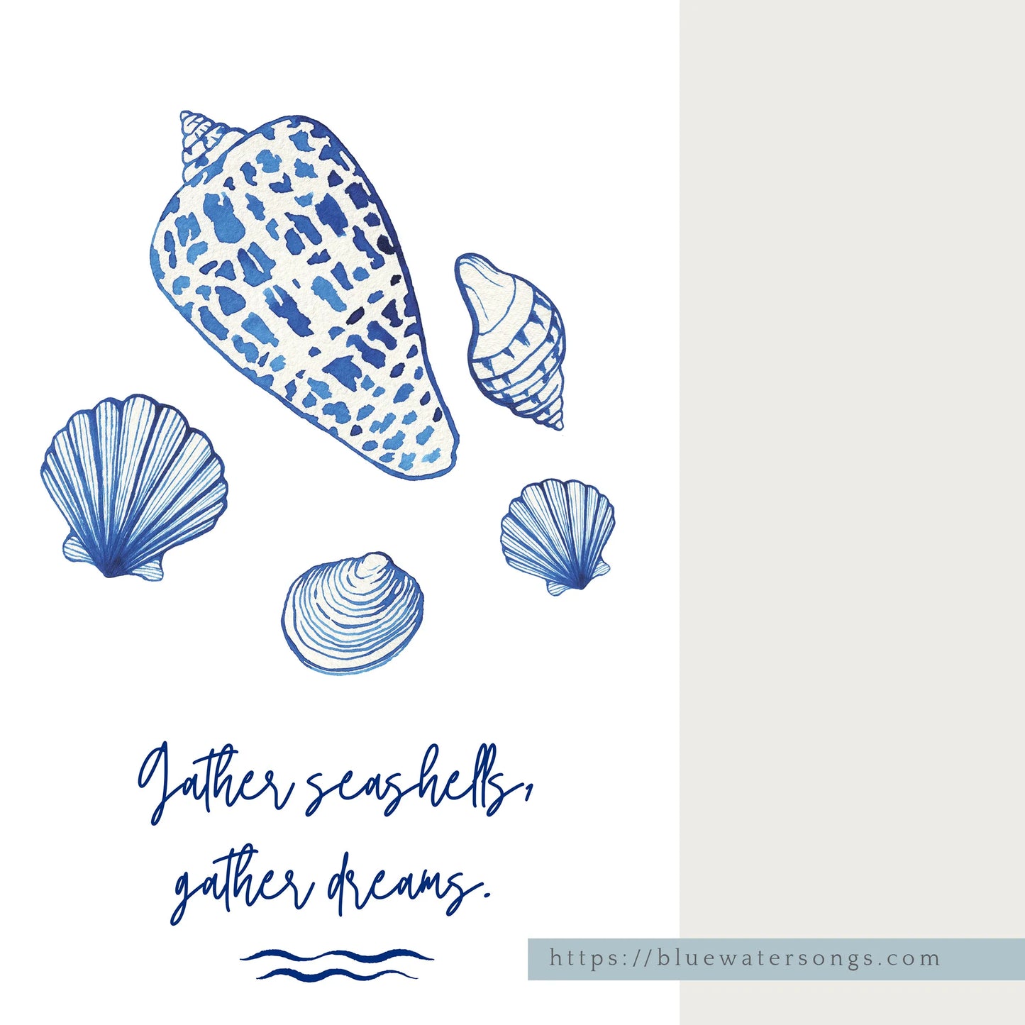 Watercolor seashell illustration with "Gather seashells, gather dreams" quote in elegant script, coastal wall art digital download.