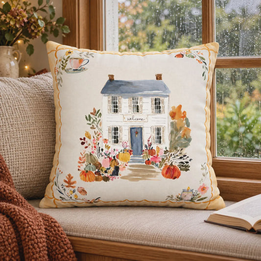 Watercolor Welcome Home Cottage Fall Pillow and Cover on a cozy sofa, adorned with pumpkins and autumn leaves for fall decor.
