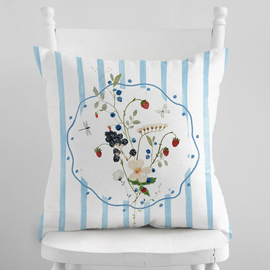 Watercolor Wildflower and Berry Pillow and Cover with delicate floral and berry design on blue striped background.