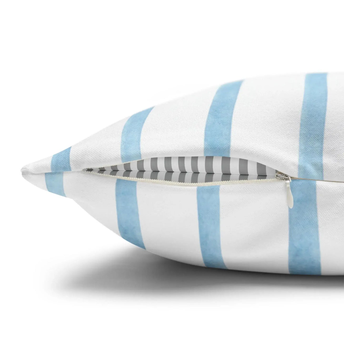 Watercolor Wildflower and Berry Pillow and Cover showing zipper and blue striped design