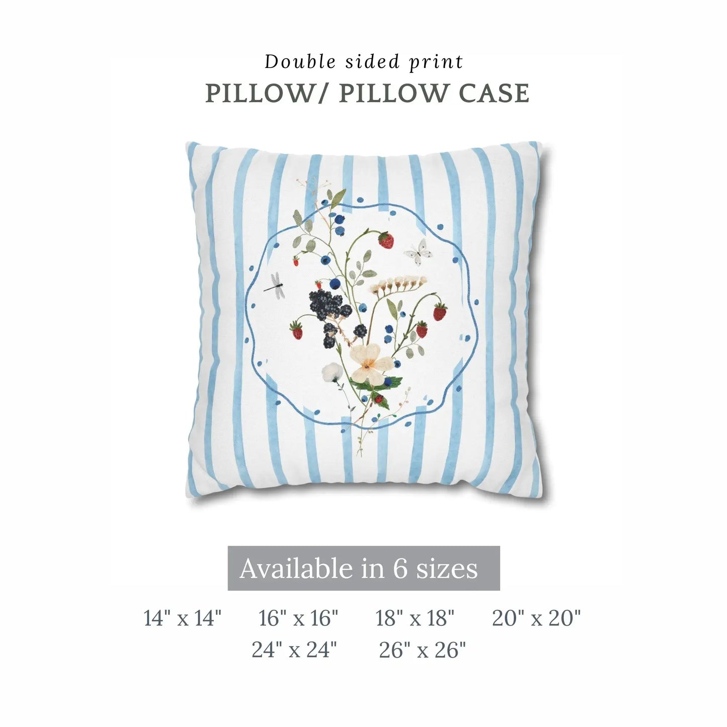 Watercolor Wildflower and Berry Pillow and Cover with blue stripes and botanical design, available in six sizes.
