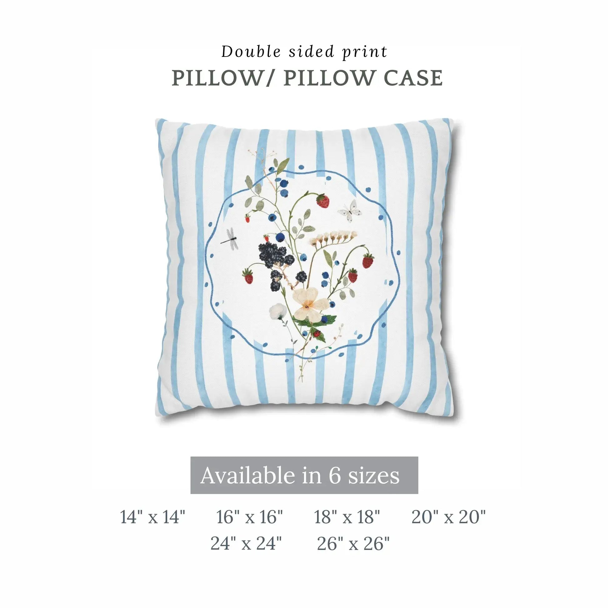 Watercolor Wildflower and Berry Pillow and Cover with blue stripes and botanical design, available in six sizes.