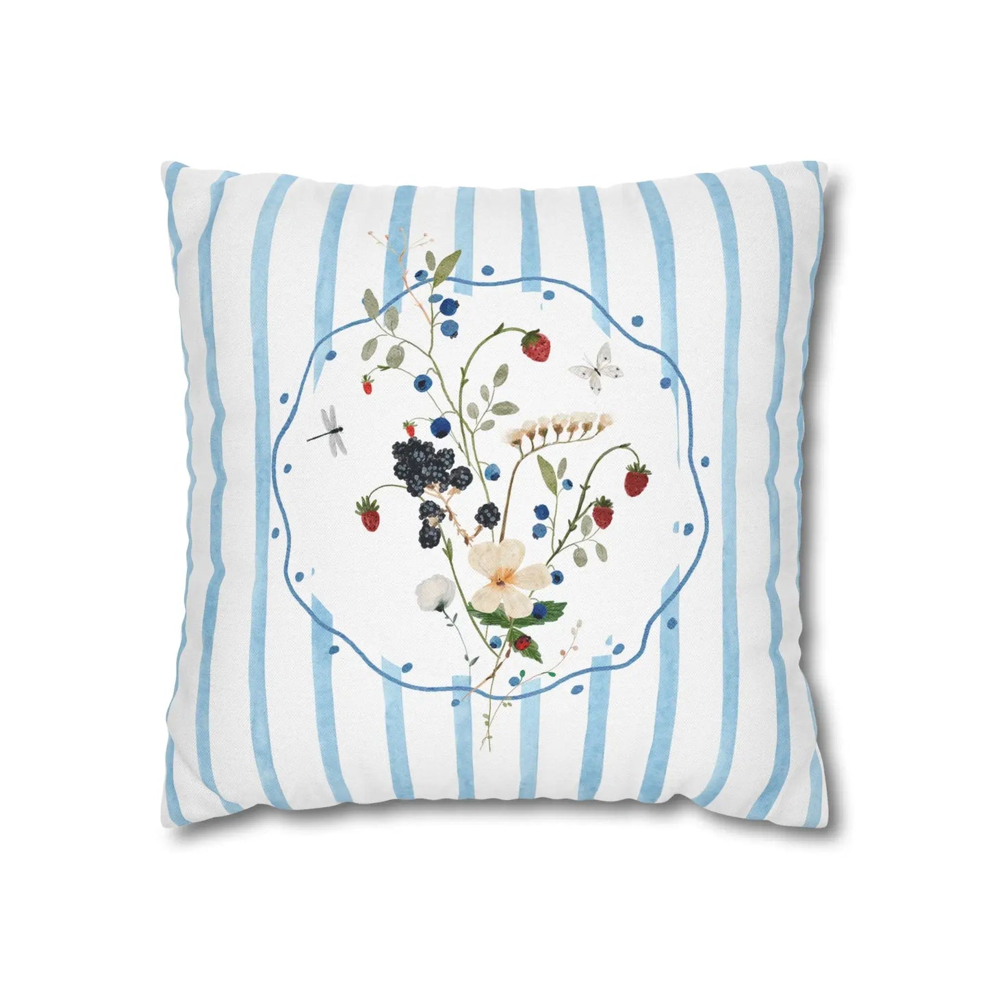 Watercolor Wildflower and Berry Pillow and Cover with botanical motifs and blue stripes