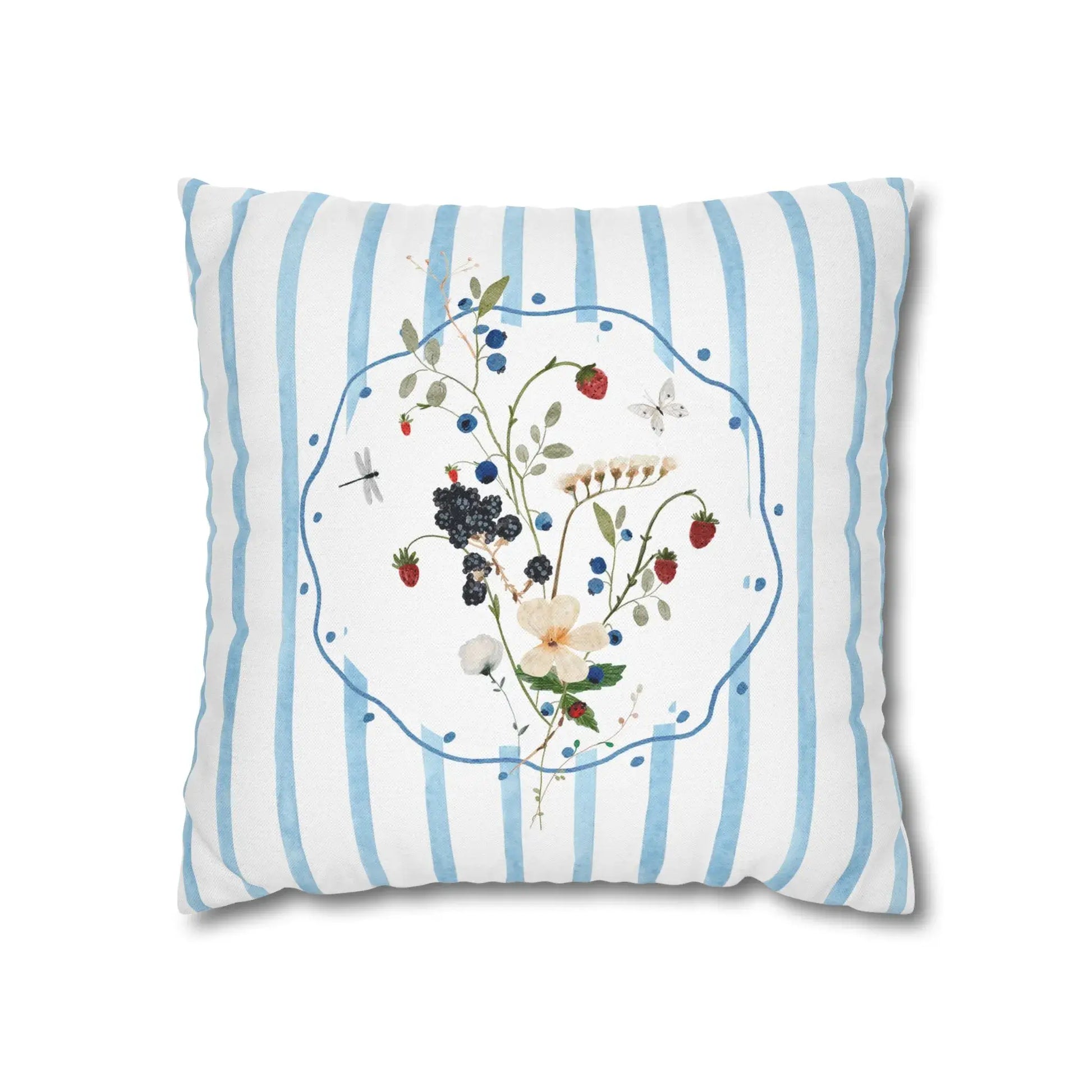 Watercolor Wildflower and Berry Pillow and Cover with botanical motifs and blue stripes