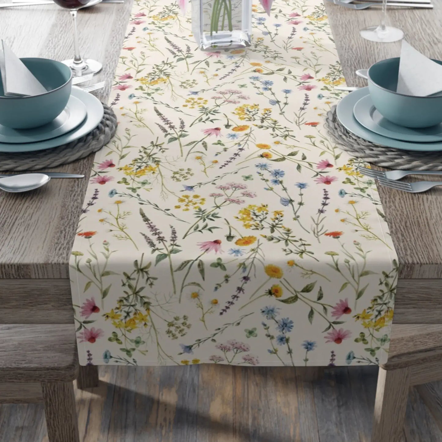Watercolor Wildflowers Table Runner on dining table with floral design and elegant table settings.