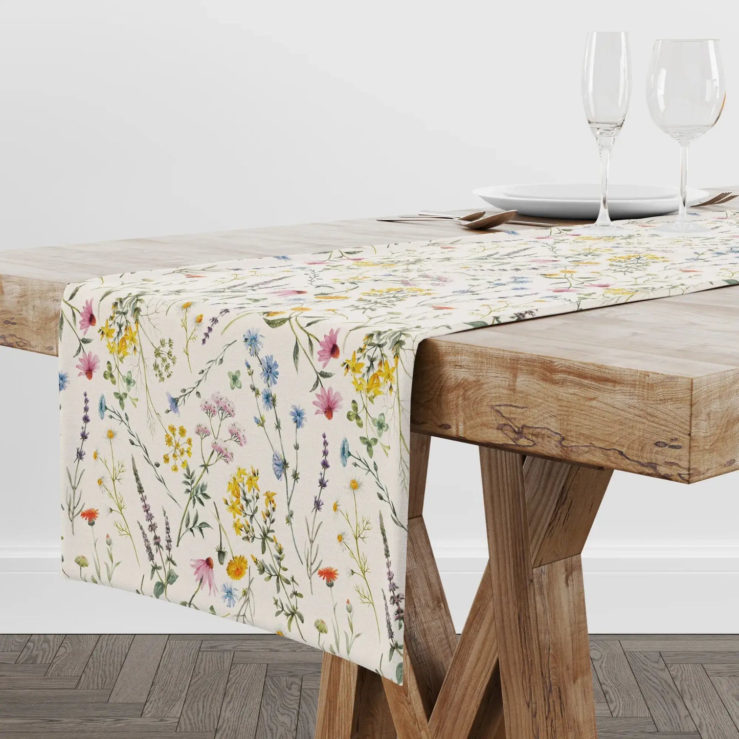 Watercolor Wildflowers Table Runner on a rustic wooden table with tableware, enhancing dining elegance.