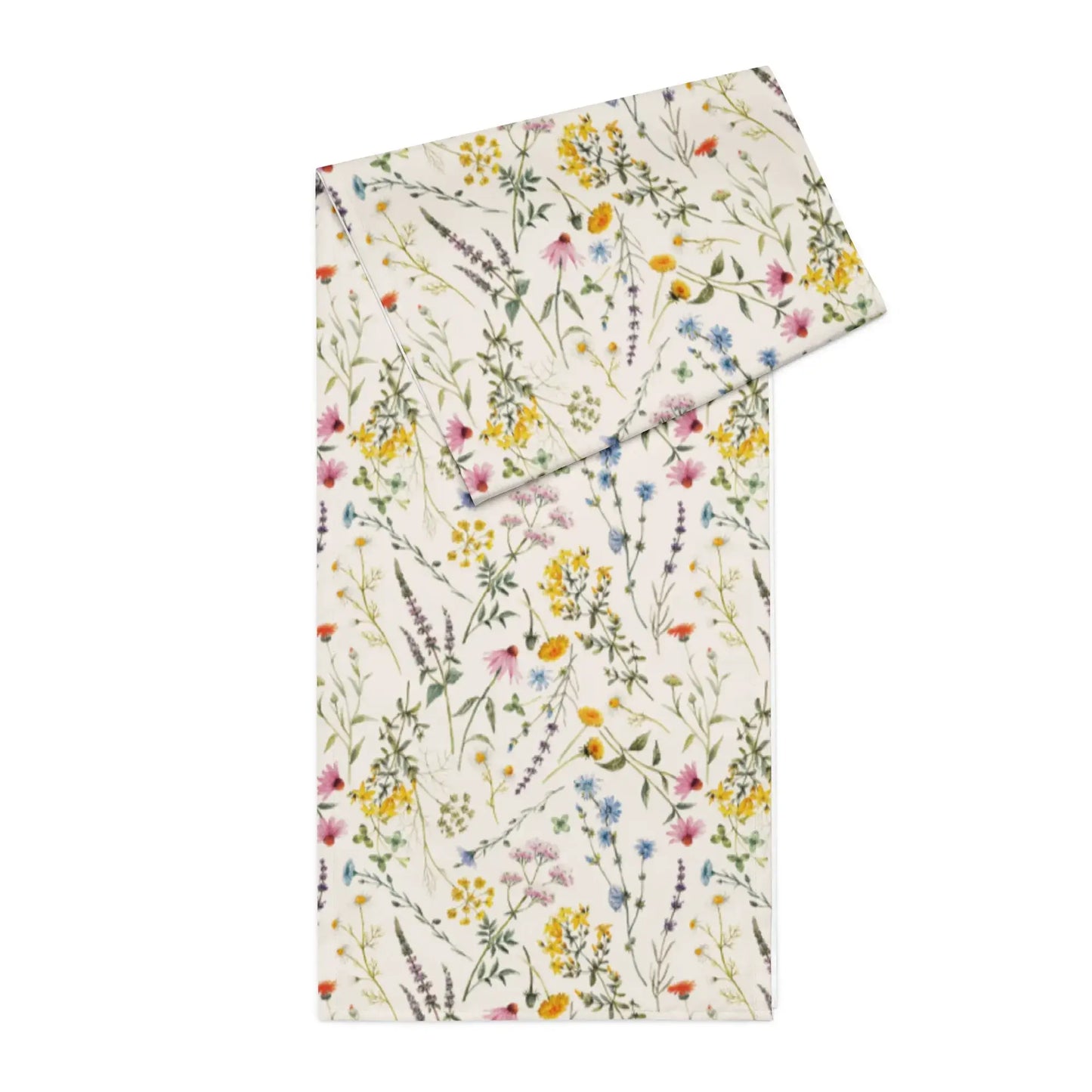 Watercolor Wildflowers Table Runner showcasing delicate floral designs on a soft ivory background.