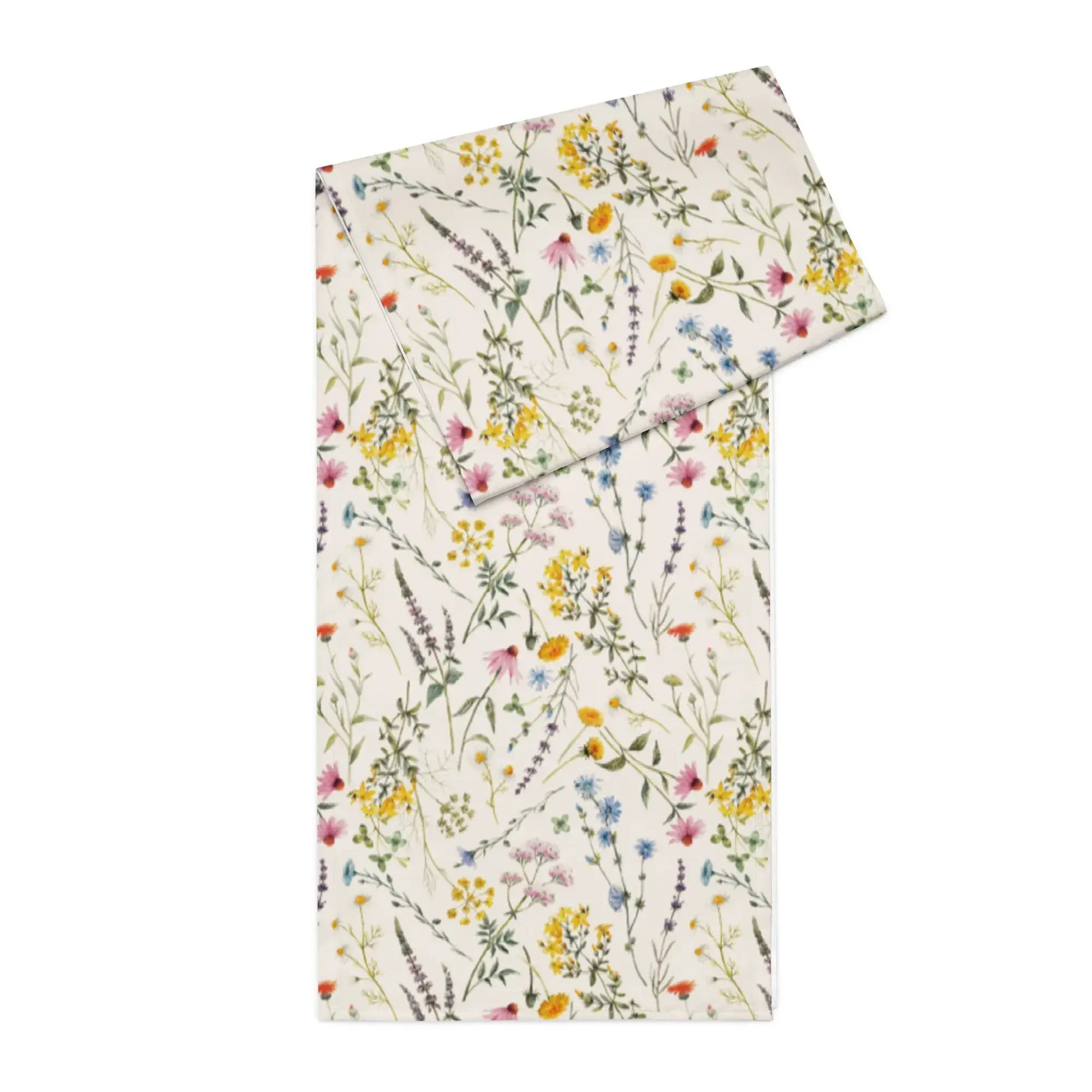 Watercolor Wildflowers Table Runner showcasing delicate floral designs on a soft ivory background.