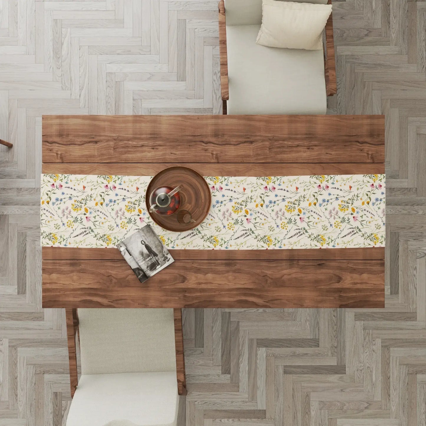 Watercolor Wildflowers Table Runner on a wooden dining table with chairs and decorative items.