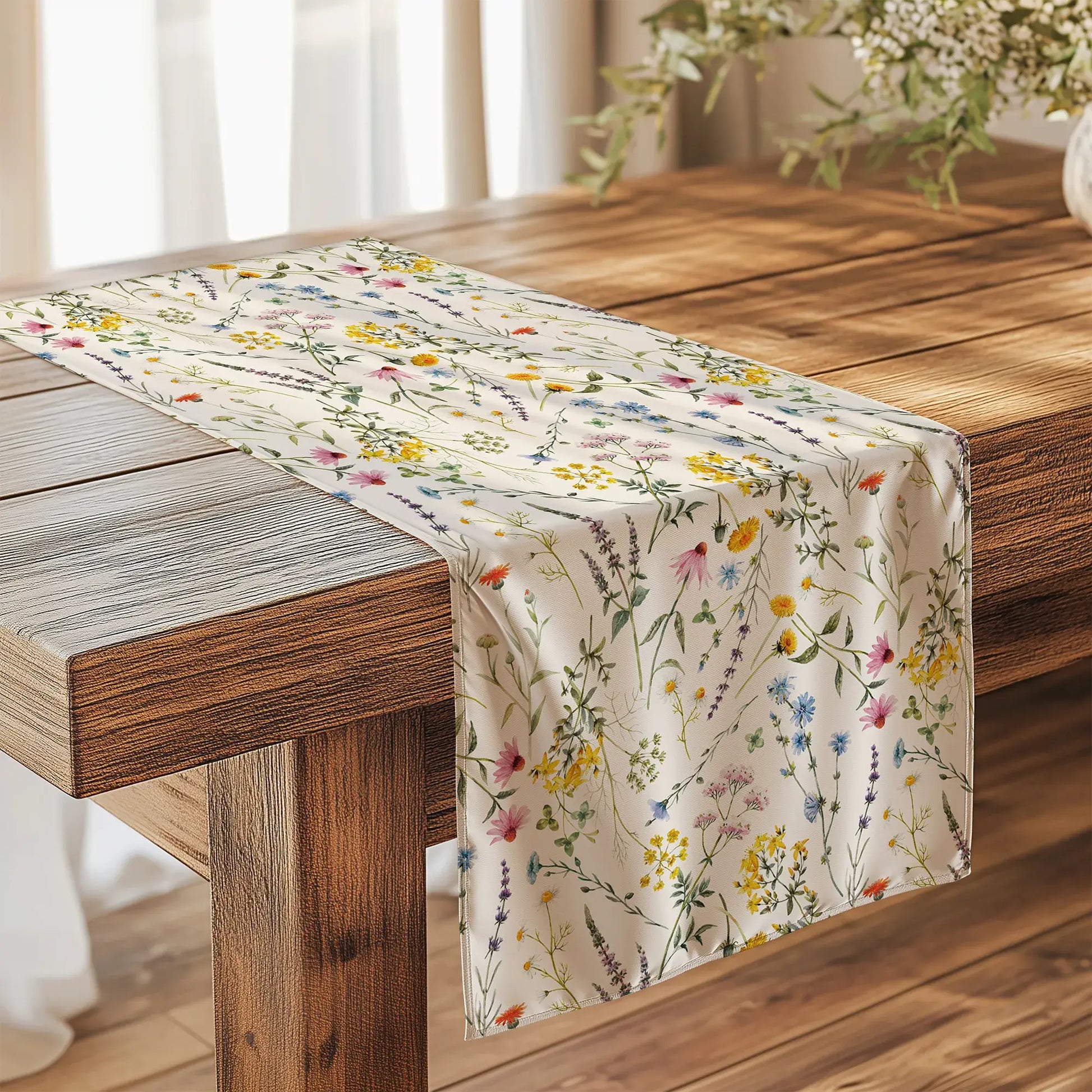 Watercolor Wildflowers Table Runner on a rustic wooden table, featuring colorful floral patterns on ivory background.