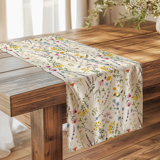 Watercolor Wildflowers Table Runner on a rustic wooden table, featuring colorful floral patterns on ivory background.