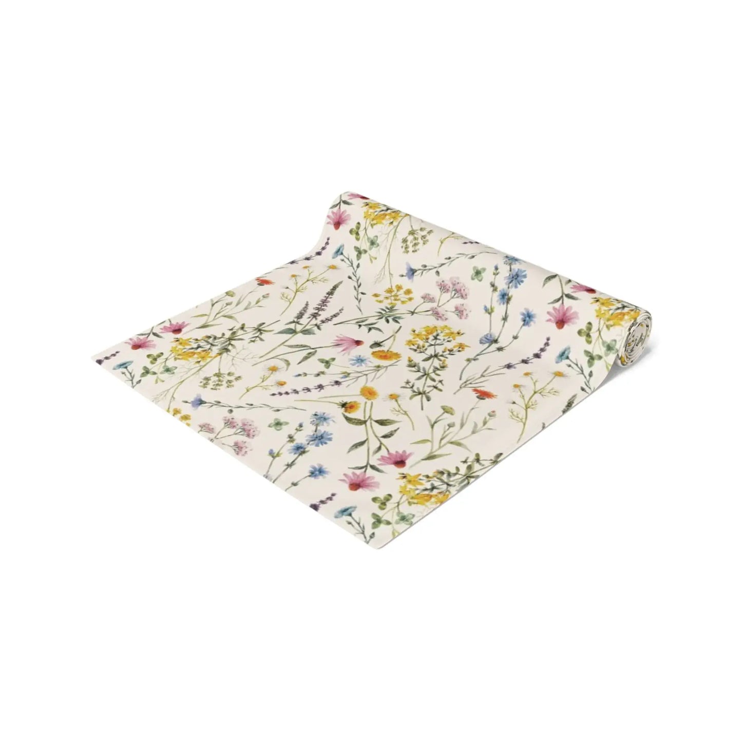 Watercolor Wildflowers Table Runner elegantly displaying delicate floral designs on a soft ivory background.
