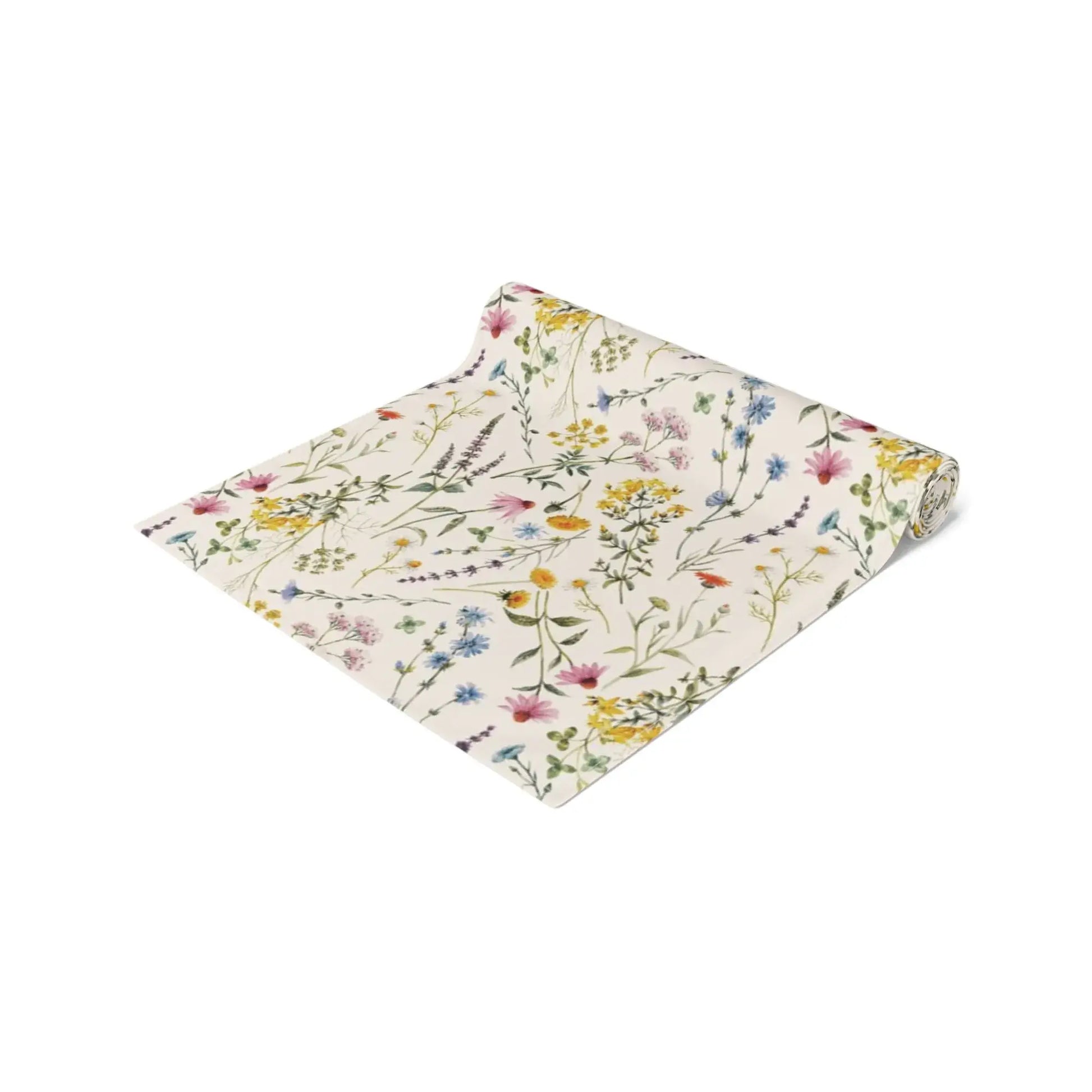 Watercolor Wildflowers Table Runner elegantly displaying delicate floral designs on a soft ivory background.