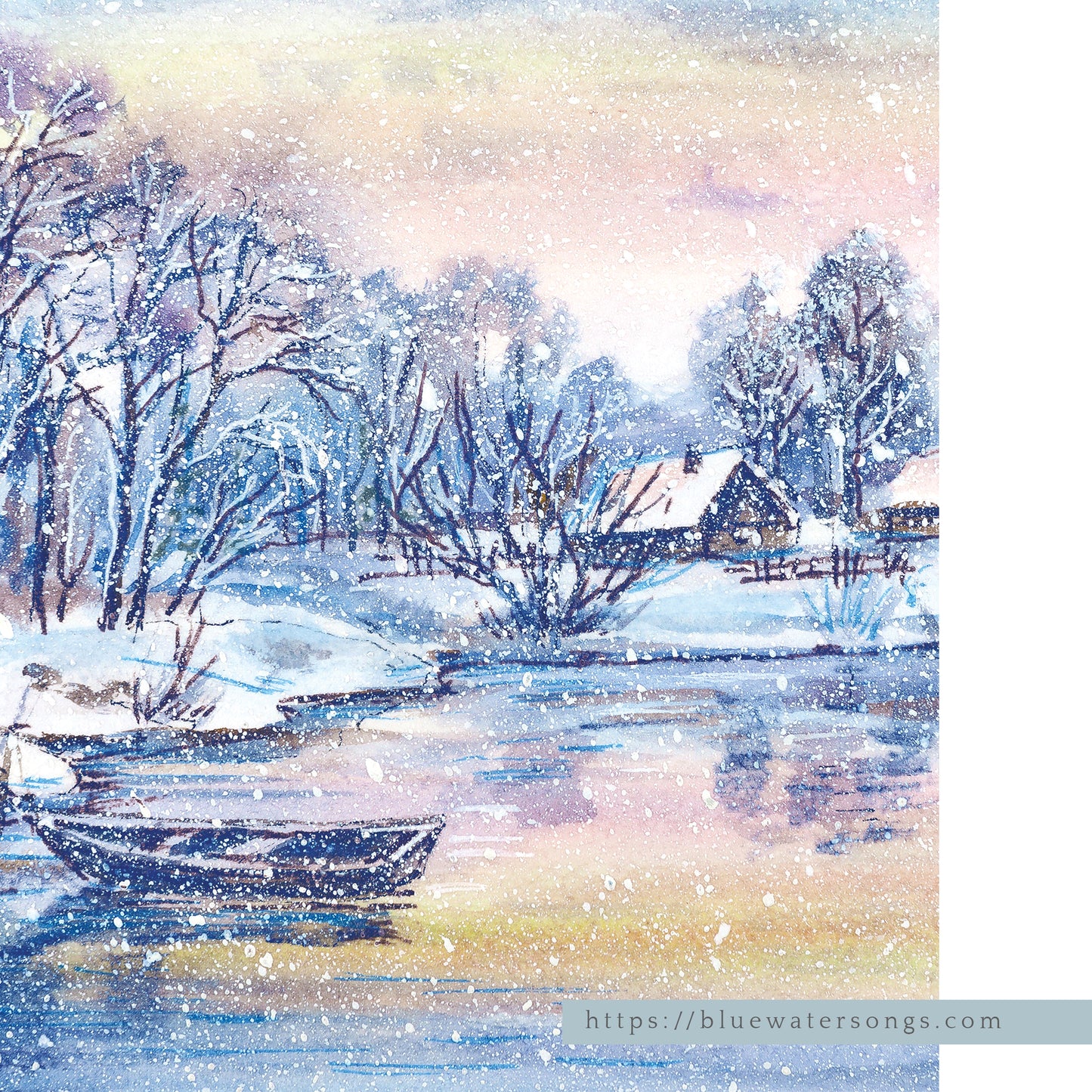 close up of Watercolor Winter Landscape poster from Blue Water Songs 