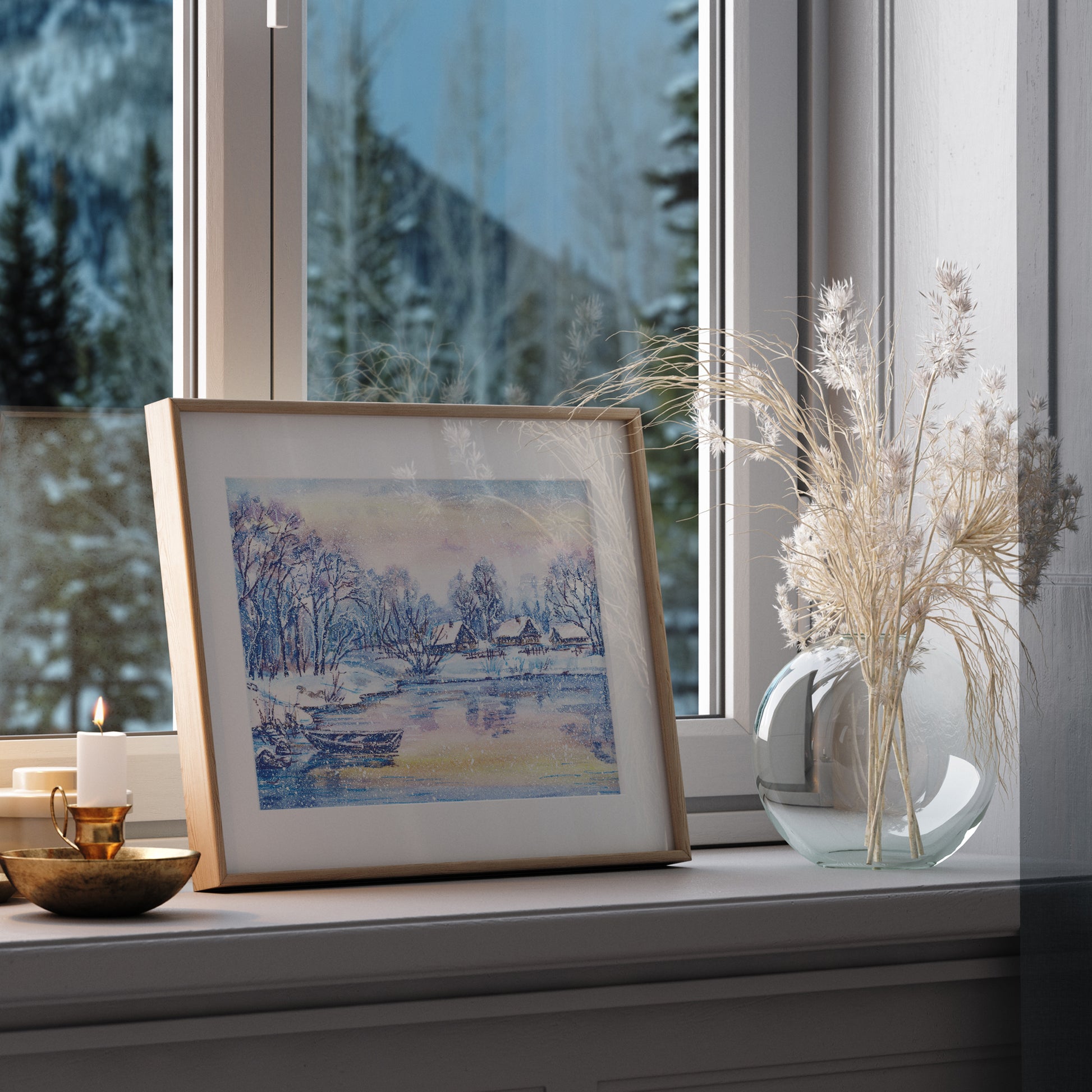 christmas window with Watercolor Winter Landscape poster from Blue Water Songs 
