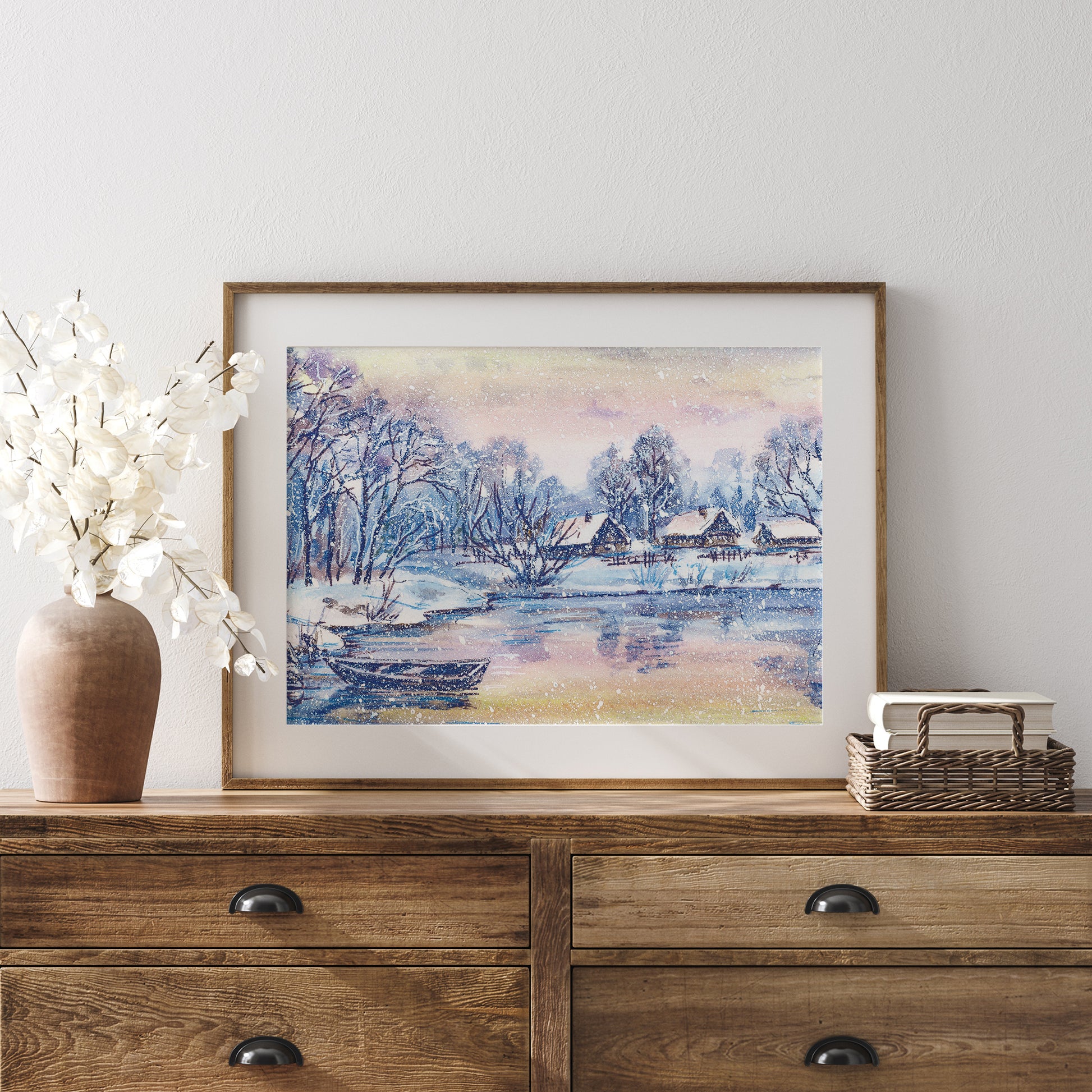 rustic drawer with Watercolor Winter Landscape poster from Blue Water Songs on the top 
