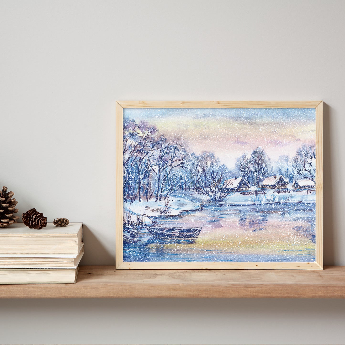 bookshelf with Watercolor Winter Landscape poster from Blue Water Songs
