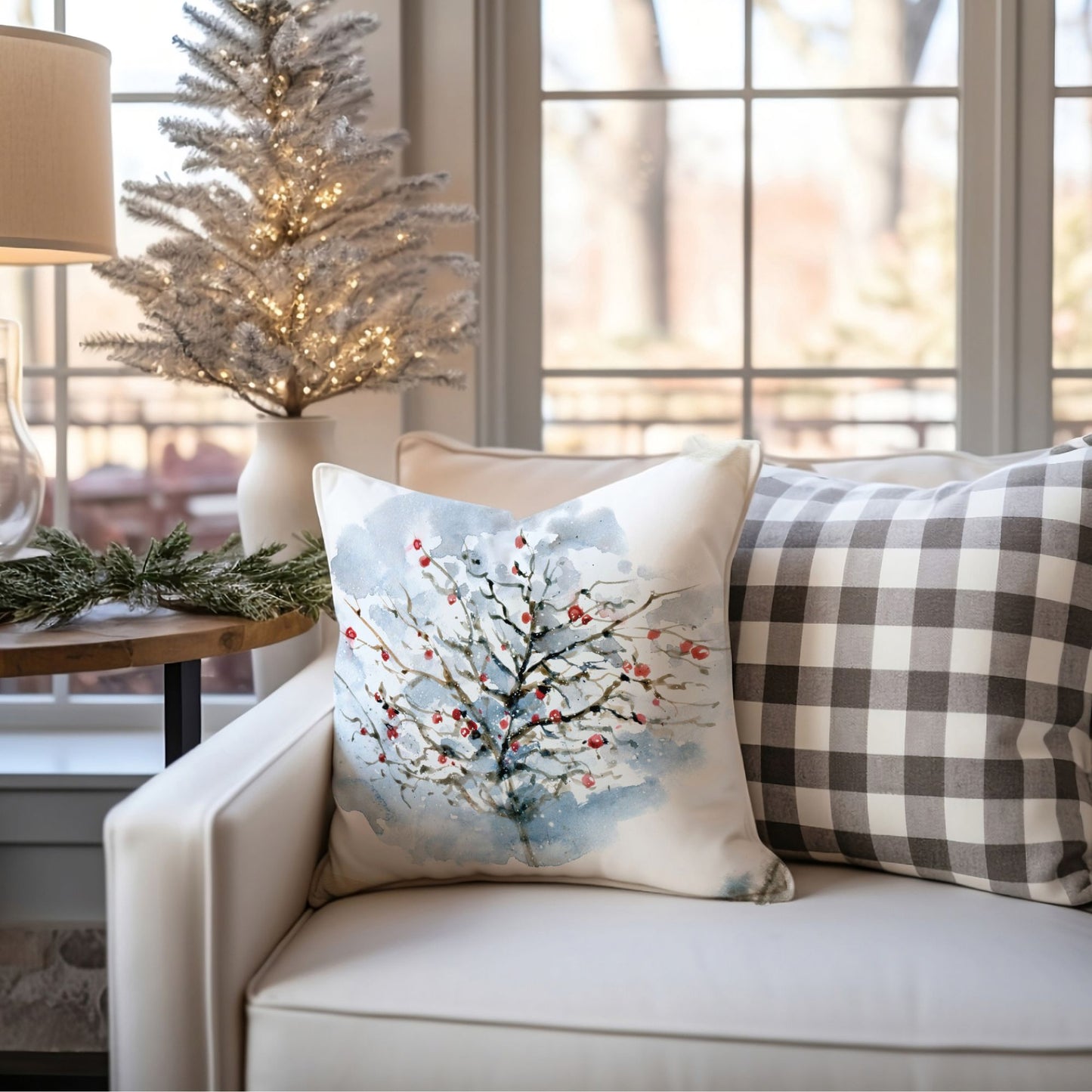 Watercolor winter pillow with snowy red-berry tree on cream sofa – cozy holiday living room scene with Christmas tree
