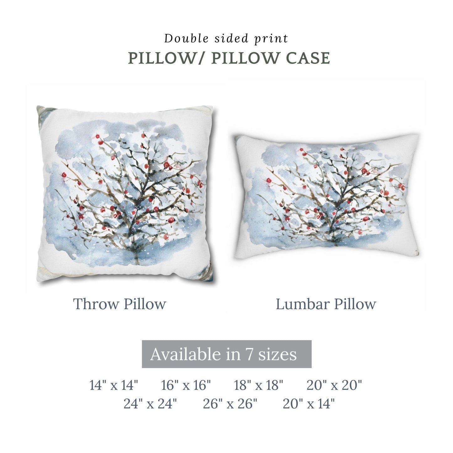 Watercolor winter tree pillow in throw and lumbar styles – snowy red berry design available in 7 sizes
