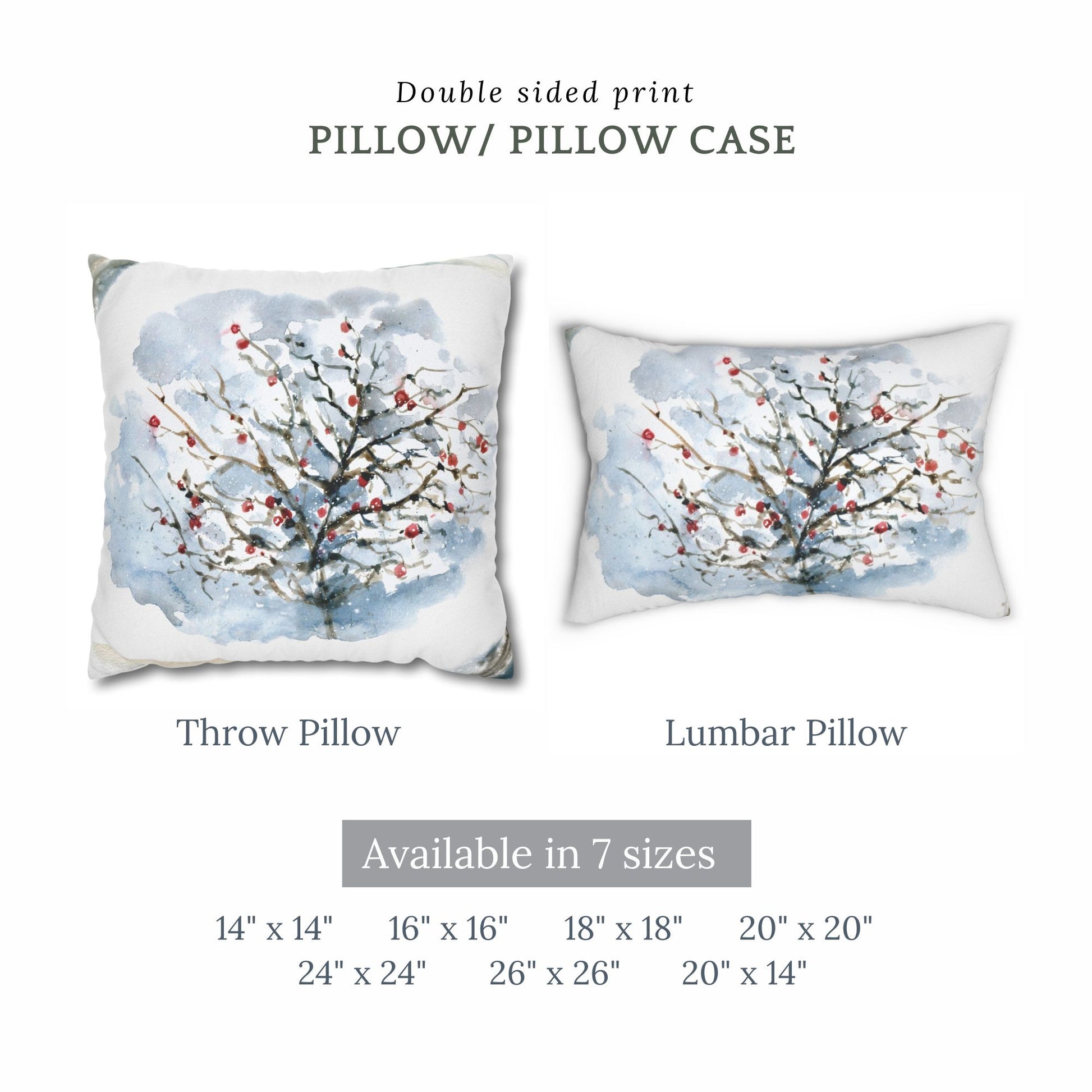 Watercolor winter tree pillow in throw and lumbar styles – snowy red berry design available in 7 sizes