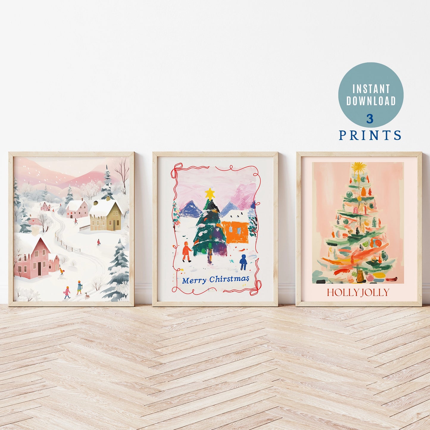 Whimsical Christmas prints set of 3 – festive holiday wall art digital downloads
