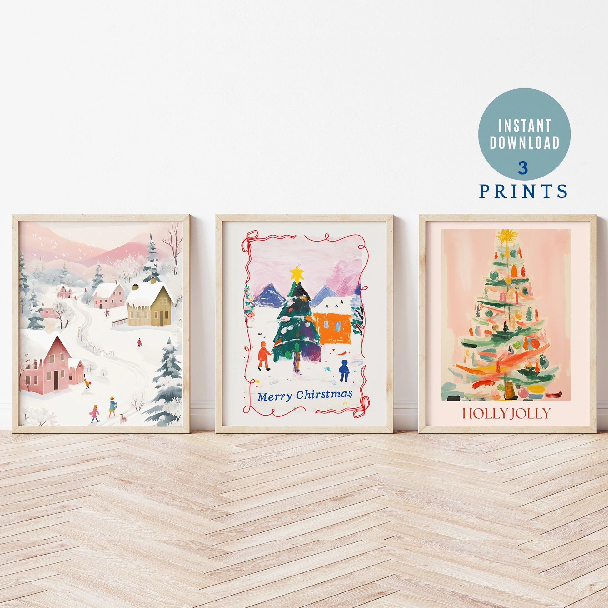 Whimsical Christmas prints set of 3 – festive holiday wall art digital downloads