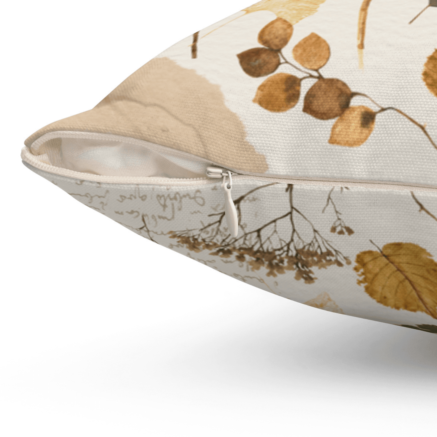 Wildflower autumn PILLOW cover detail showcasing zipper and botanical design with pressed leaves and dried ferns.