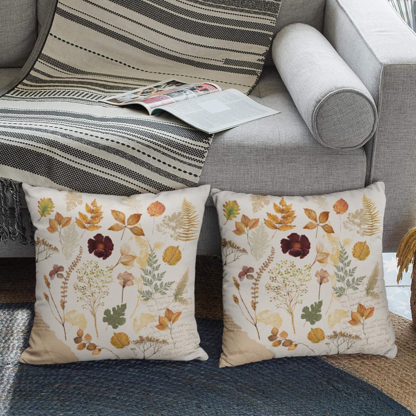 Wildflower autumn PILLOW cover featuring vintage herbarium design with pressed leaves and wildflowers on soft linen.