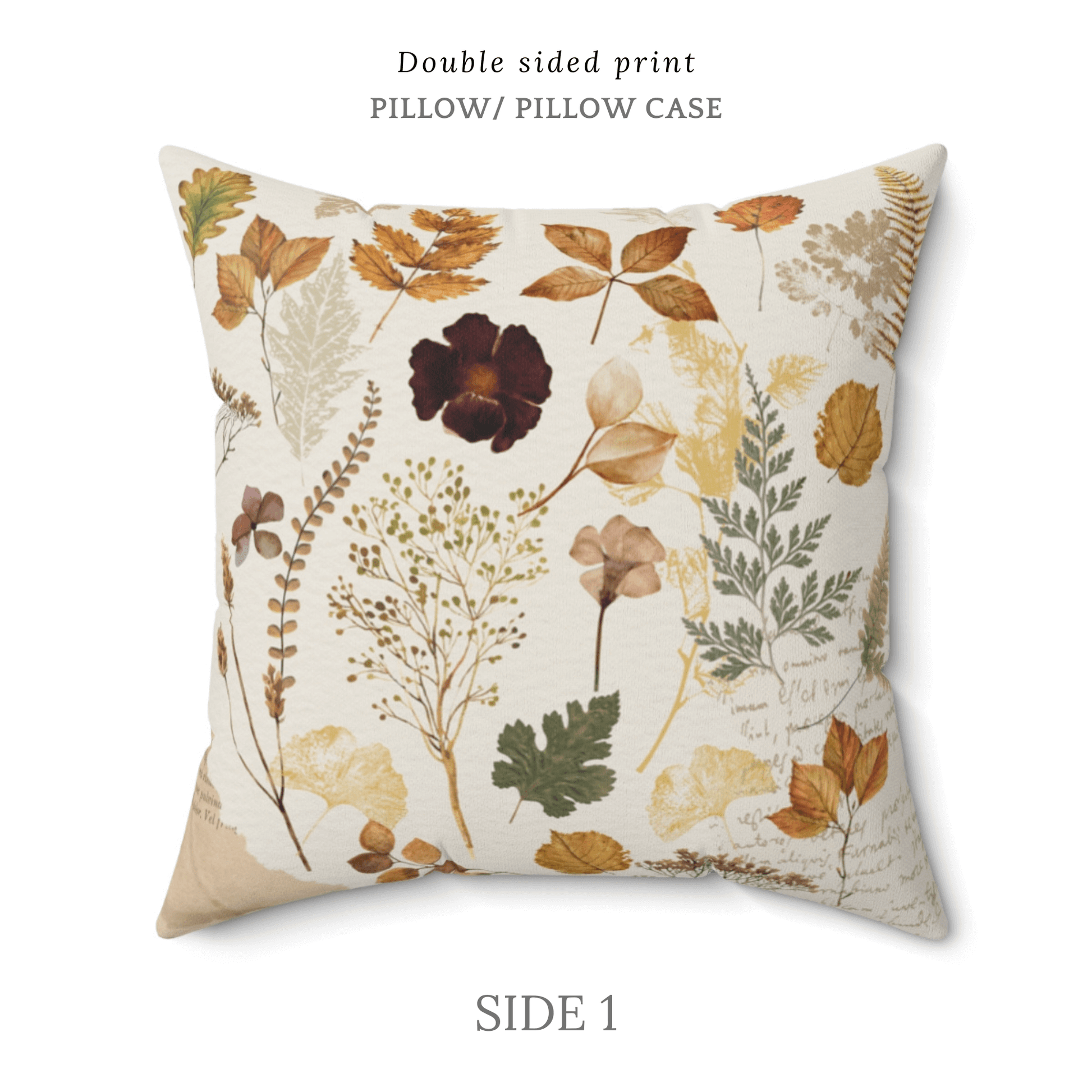 Wildflower autumn PILLOW showcasing botanical design with pressed leaves and wildflowers on soft linen.